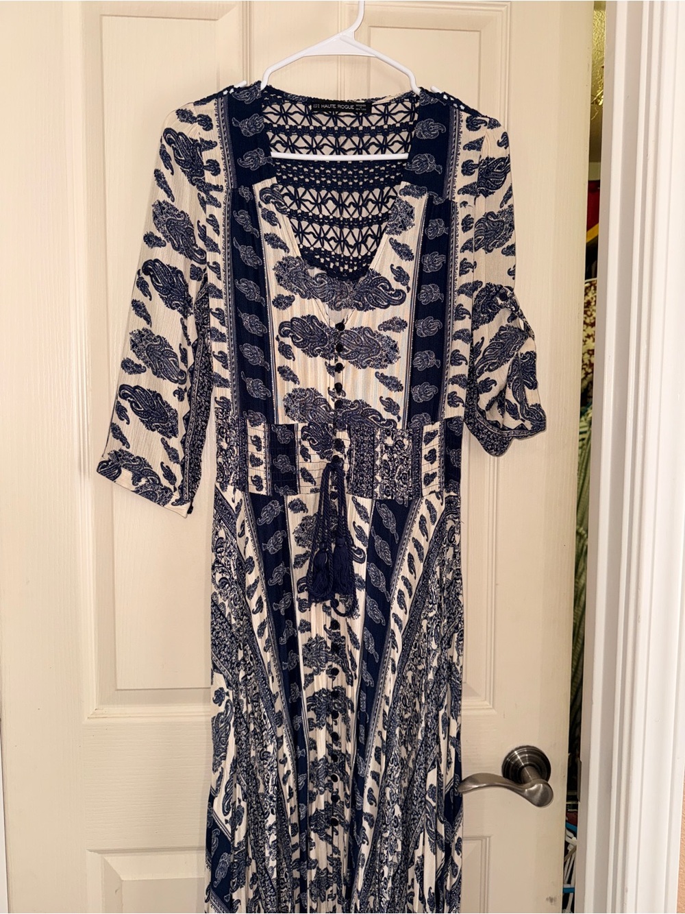 Navy and White Printed Maxi Dress with Crocheted Yoke